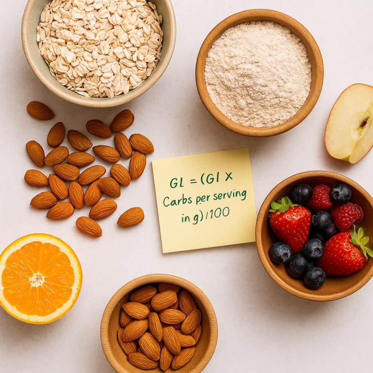 Assorted low GI foods including grains, fruits, and nuts arranged naturally for a diabetic-friendly diet.