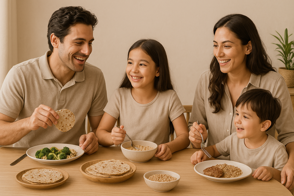 A South Asian family of four happily enjoying a nutritious meal with roti at a beige-toned dining table.