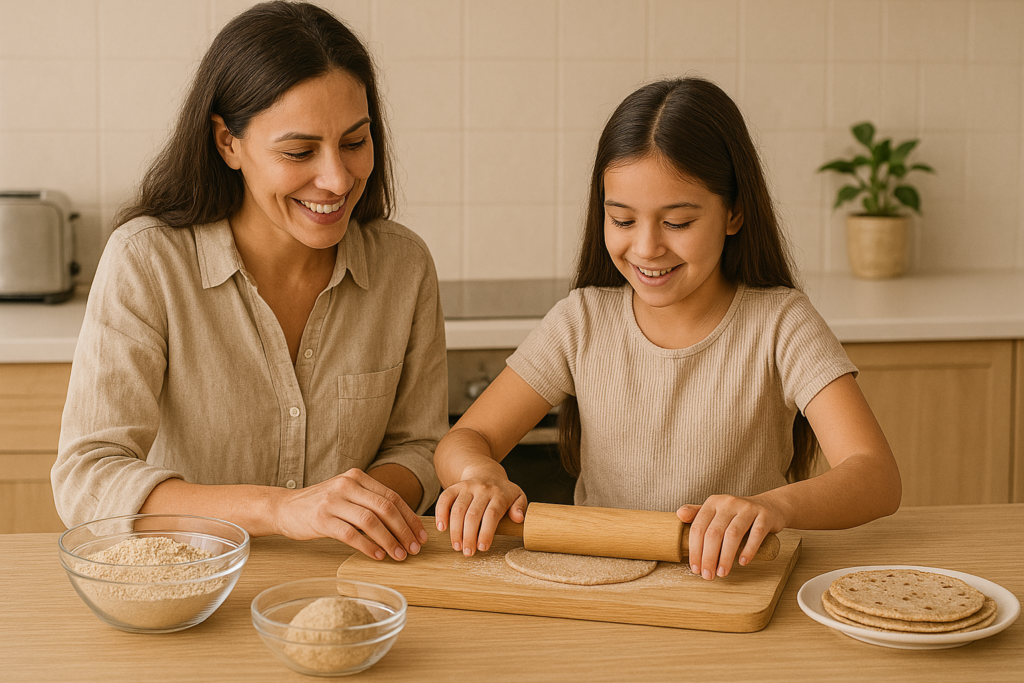 A South Asian mother and daughter preparing roti together in a modern beige kitchen,