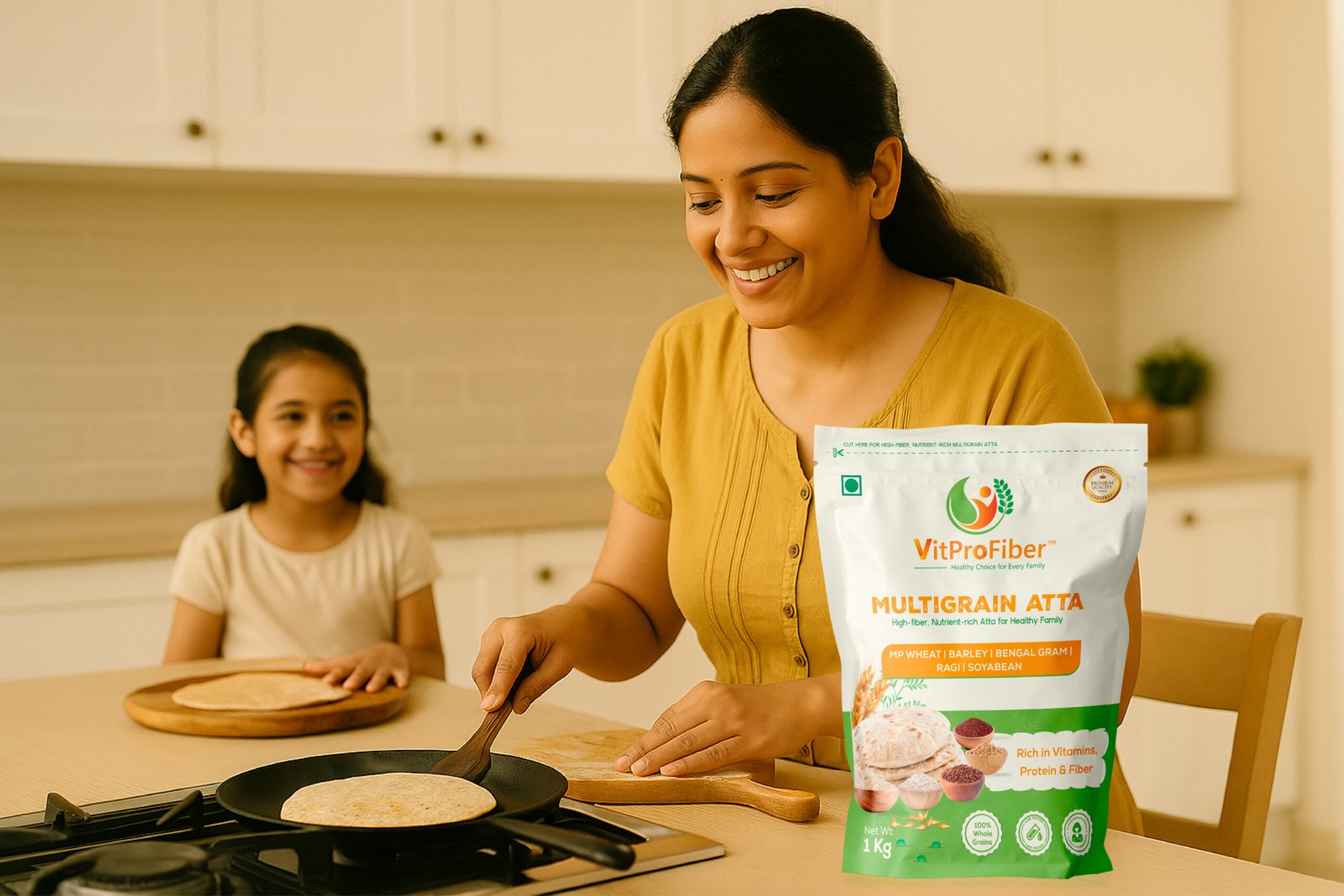 Woman using VitProFiber atta to make healthy rotis at home