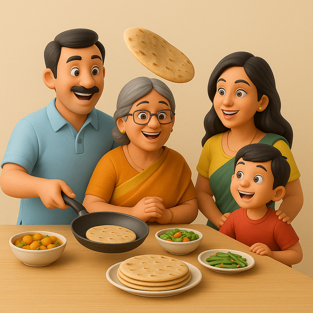 3D illustration of a happy family flipping a chapati with multiple dishes on dining table