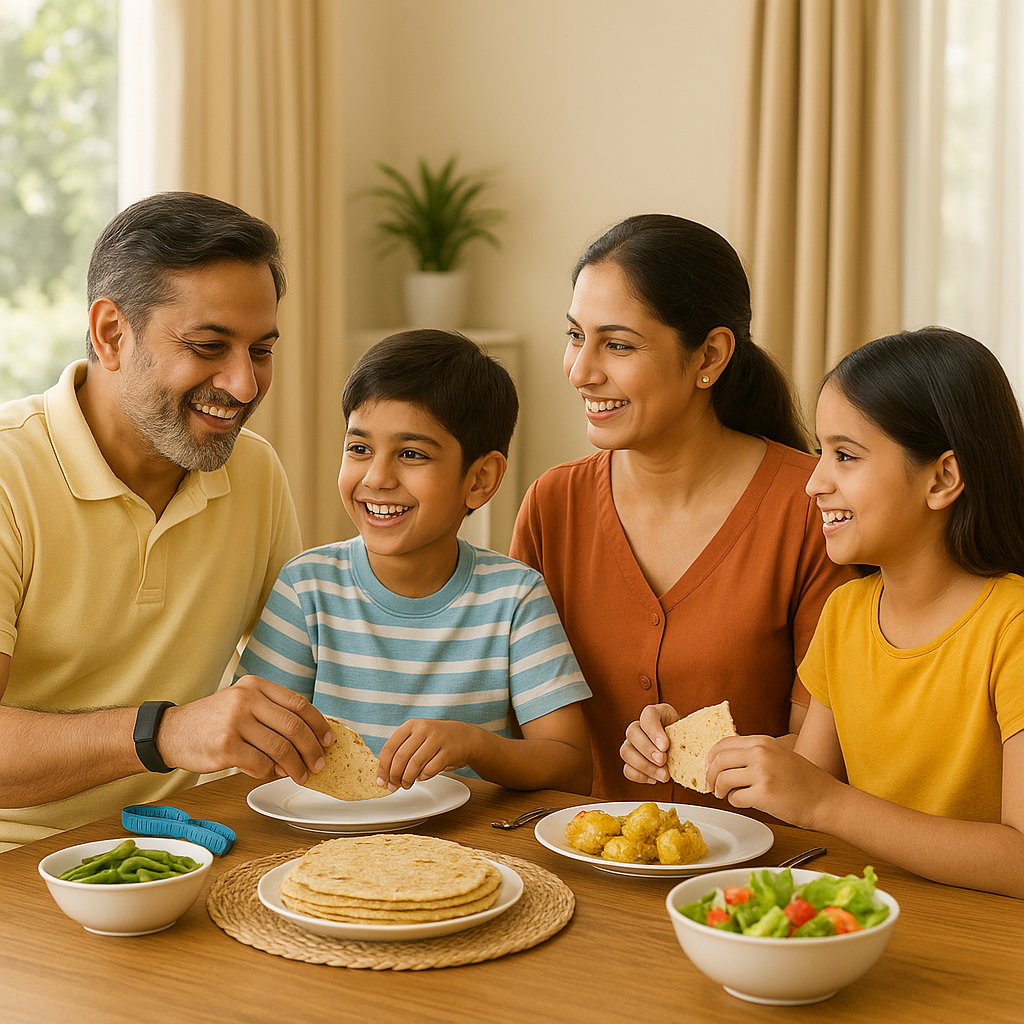 Happy Indian family enjoying chapati and healthy meals together at dining table