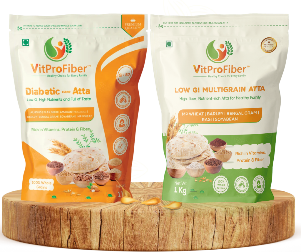 VitProFiber Diabetic Care Atta and Low GI Multigrain Atta packs placed on wooden table